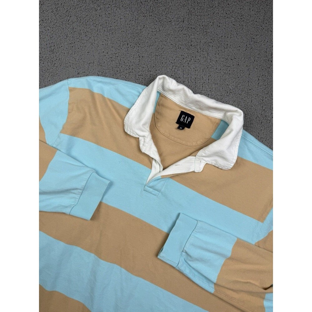 Gap Rugby Shirt Mens XL Beige Blue Striped Cotton Long Sleeve Polo Preppy Y2K